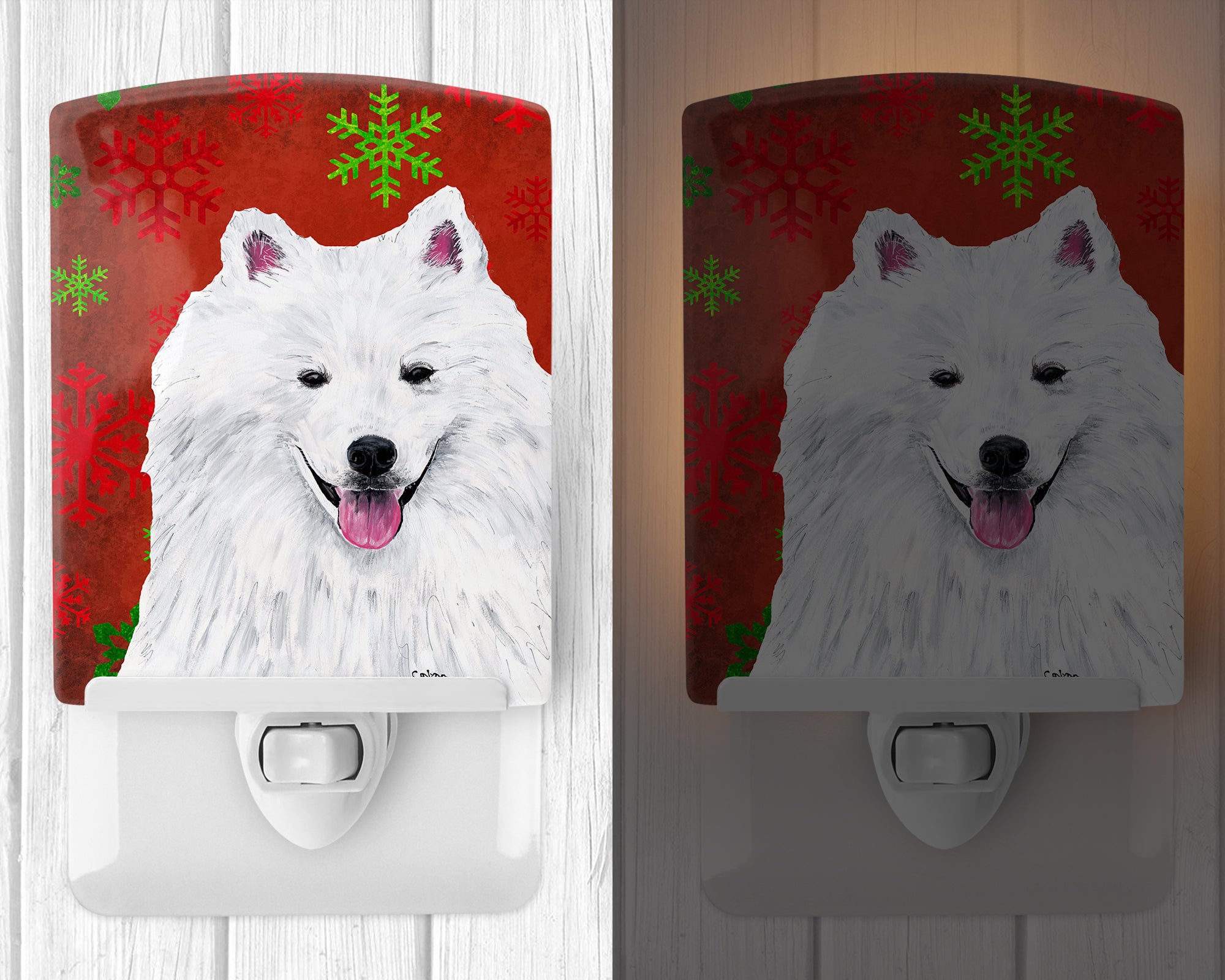 American Eskimo Red and Green Snowflakes Holiday Christmas Ceramic Night Light SC9419CNL - the-store.com