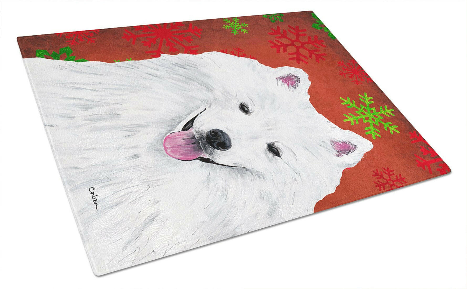 American Eskimo Red and Green Snowflakes Christmas Glass Cutting Board Large by Caroline's Treasures