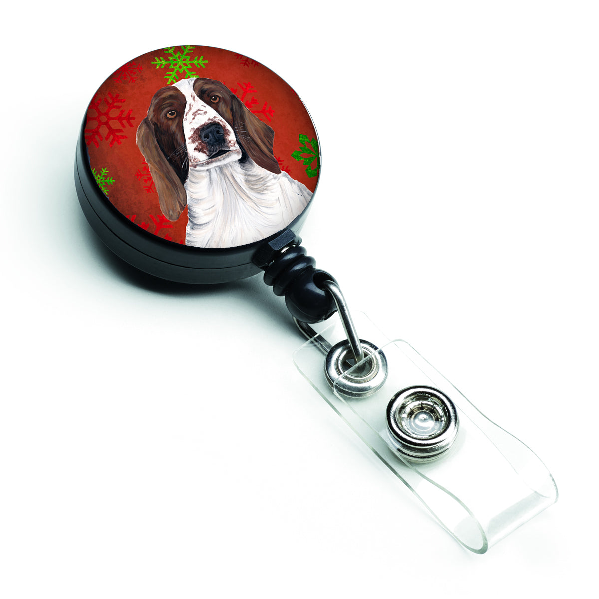 Welsh Springer Spaniel Red  Green Snowflakes Holiday Christmas Retractable Badge Reel SC9420BR