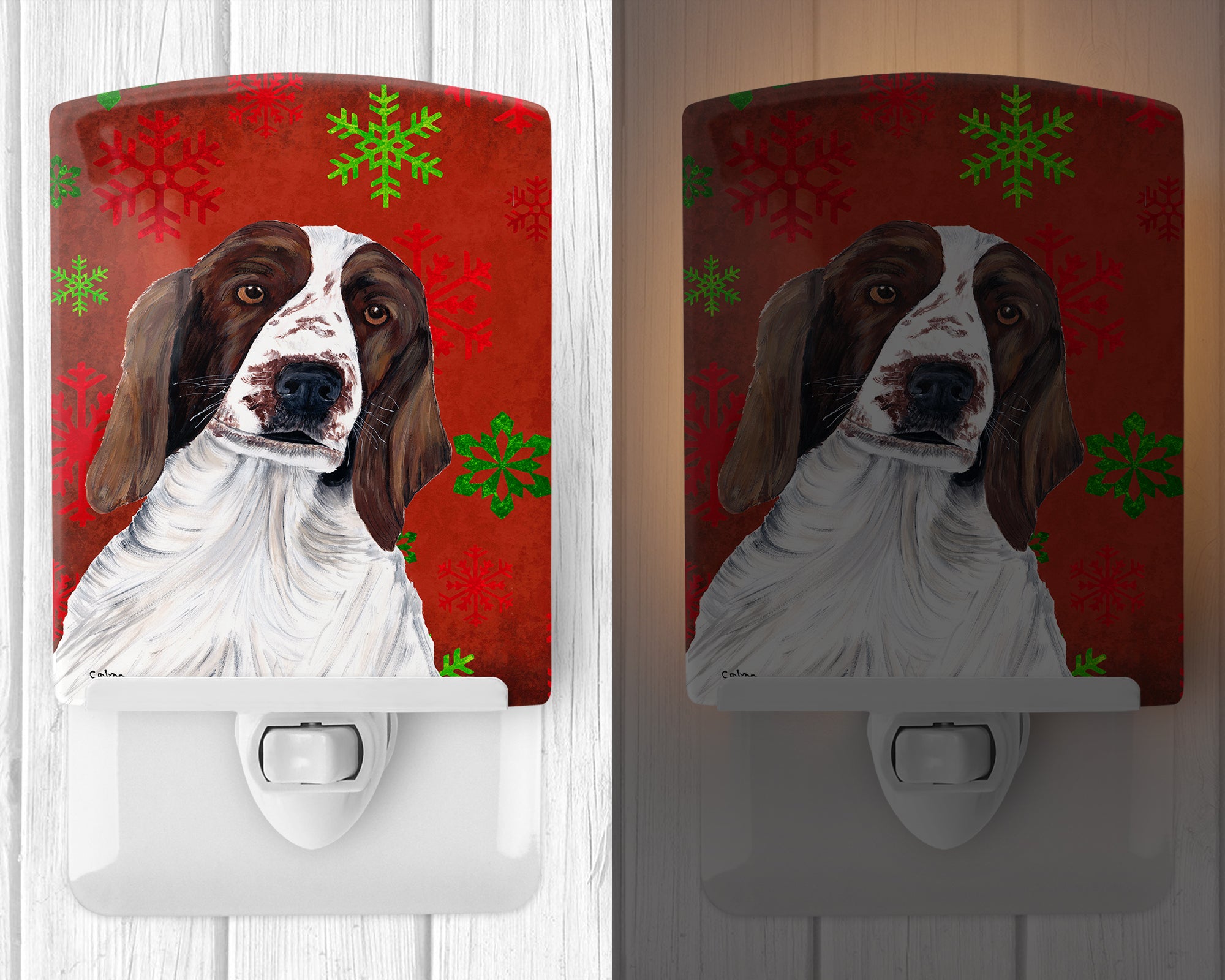 Welsh Springer Spaniel Red  Green Snowflakes Holiday Christmas Ceramic Night Light SC9420CNL - the-store.com