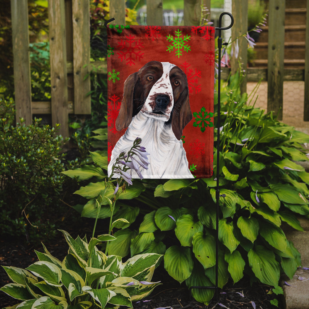 Welsh Springer Spaniel Red  Green Snowflakes Holiday Christmas Flag Garden Size.