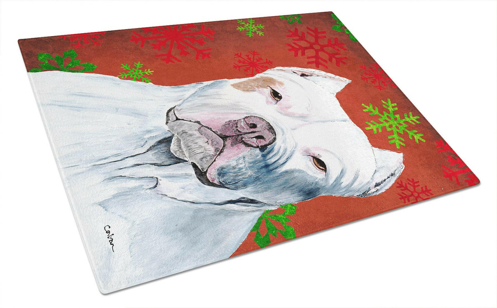 Pit Bull Red and Green Snowflakes Holiday Christmas Glass Cutting Board Large by Caroline's Treasures