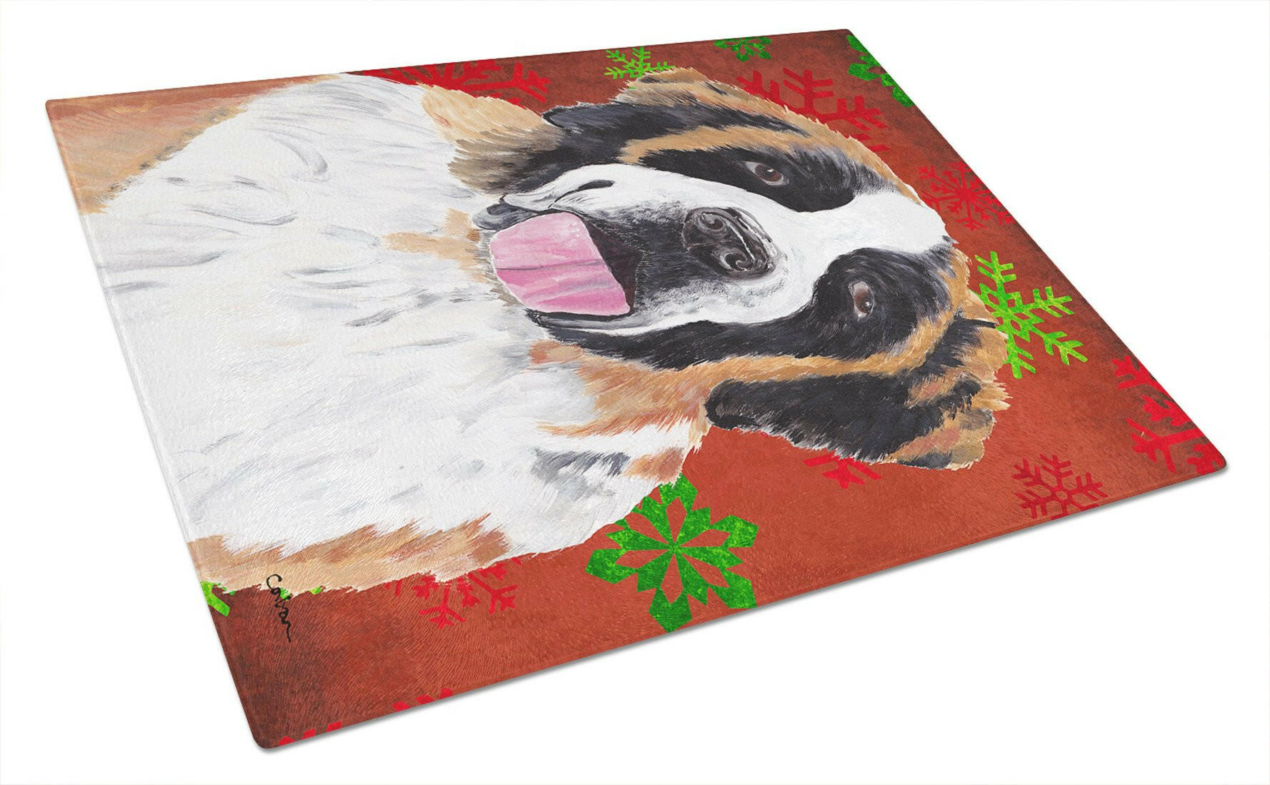 Saint Bernard Red and Green Snowflakes Christmas Glass Cutting Board Large by Caroline's Treasures