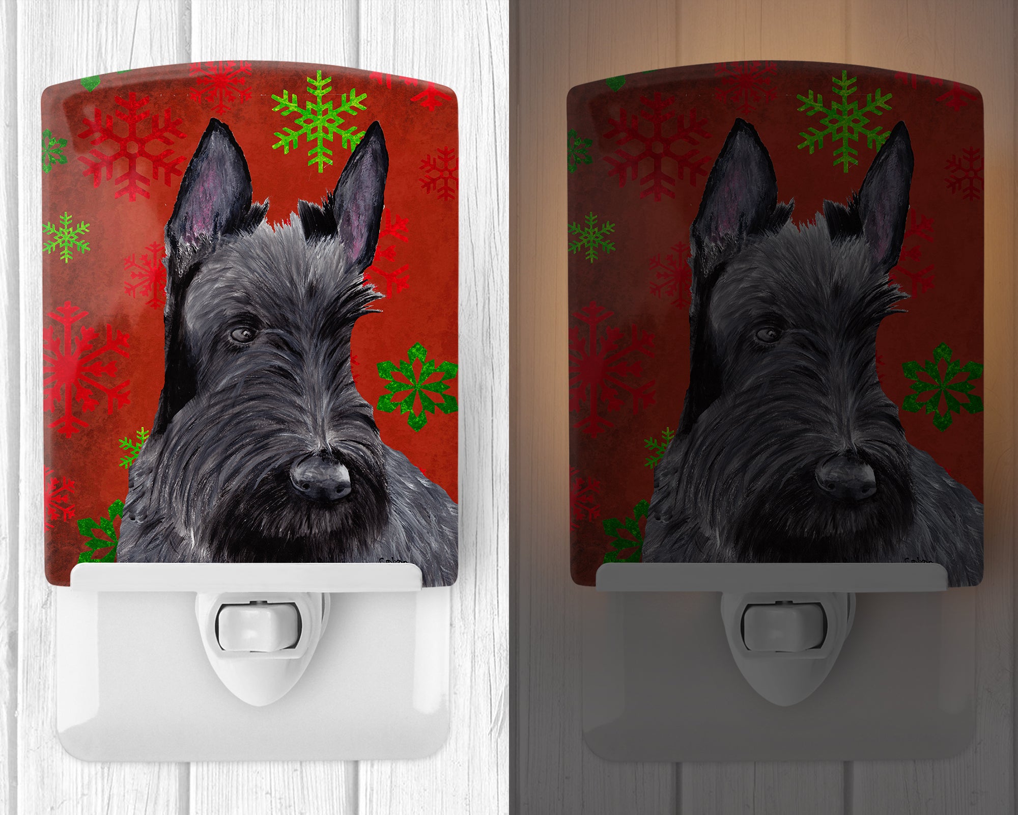 Scottish Terrier Red and Green Snowflakes Holiday Christmas Ceramic Night Light SC9426CNL - the-store.com