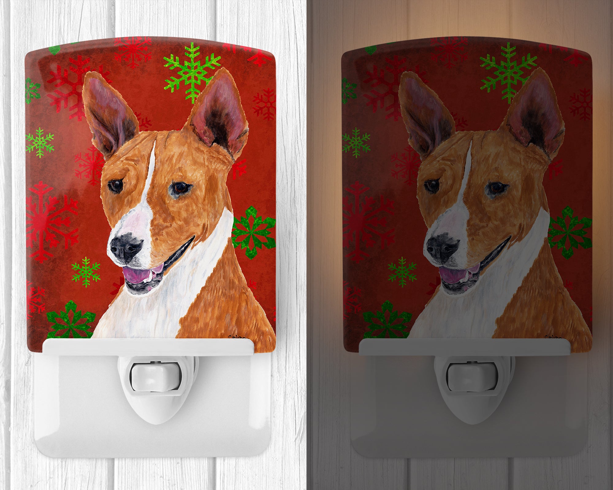 Basenji Red and Green Snowflakes Holiday Christmas Ceramic Night Light SC9427CNL - the-store.com