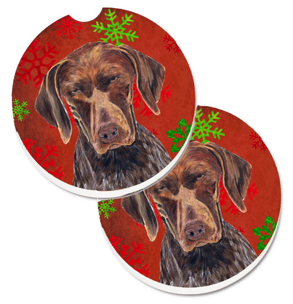 German Shorthaired Pointer Red  Snowflakes Holiday Christmas Set of 2 Cup Holder Car Coasters SC9435CARC by Caroline's Treasures