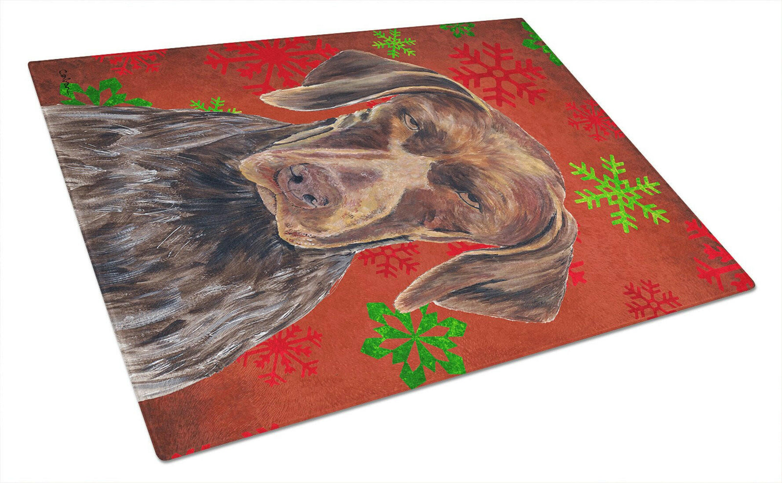 German Shorthaired Pointer Red Snowflakes Christmas Glass Cutting Board Large by Caroline's Treasures