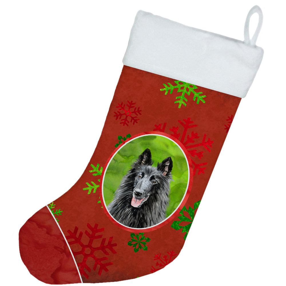 Belgian Sheepdog Red and Green Snowflakes Holiday  Christmas Stocking SC9438