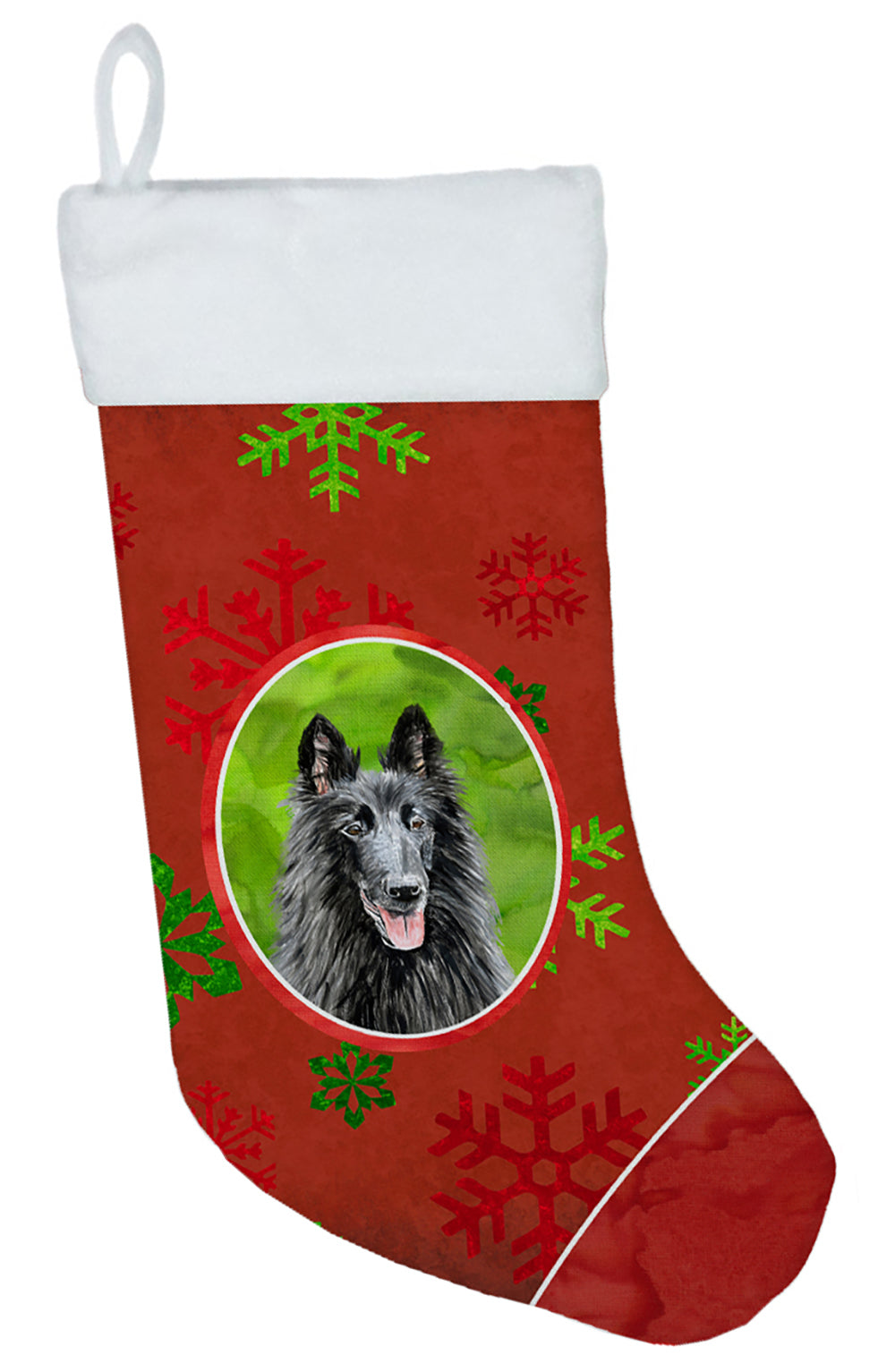 Belgian Sheepdog Red and Green Snowflakes Holiday  Christmas Stocking SC9438