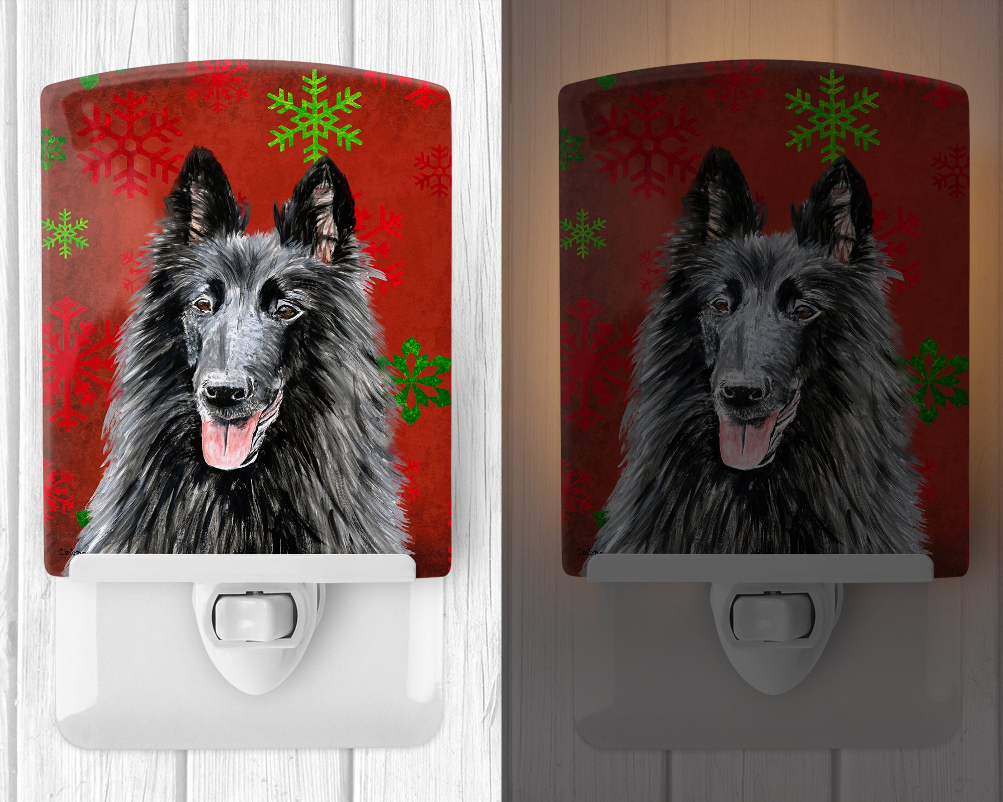 Belgian Sheepdog Red and Green Snowflakes Holiday Christmas Ceramic Night Light SC9438CNL - the-store.com