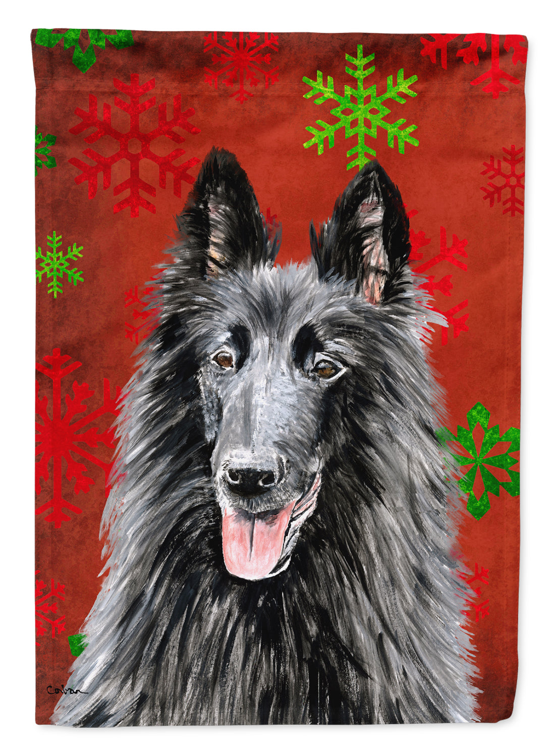 Belgian Sheepdog Red and Green Snowflakes Holiday Christmas Flag Garden Size.