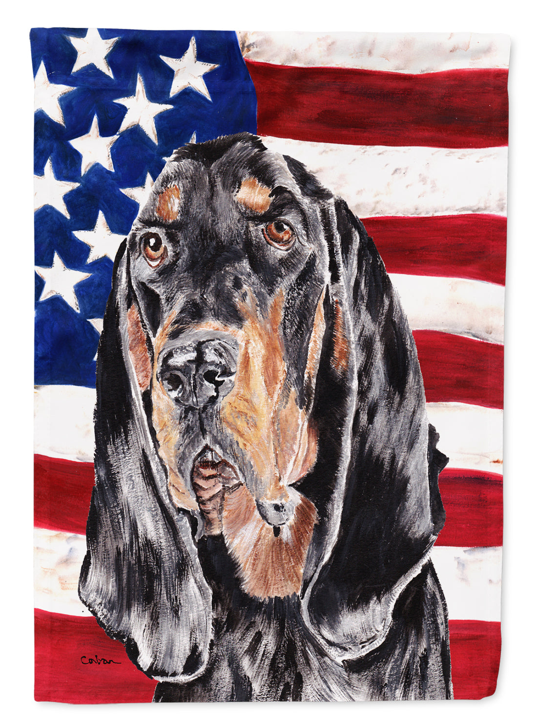 Coonhound Black and Tan USA American Flag Flag Garden Size.