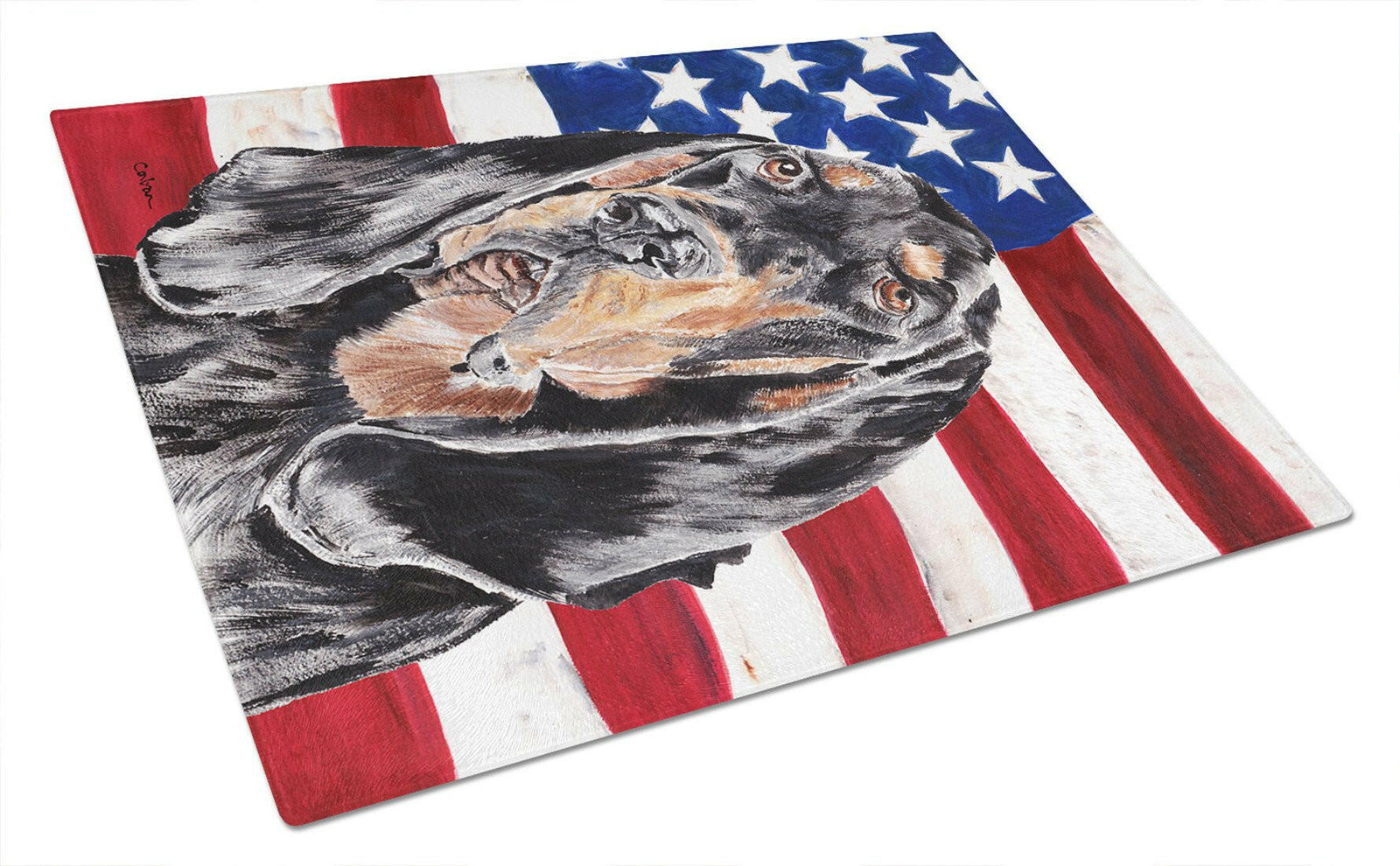 Coonhound Black and Tan USA American Flag Glass Cutting Board Large by Caroline's Treasures