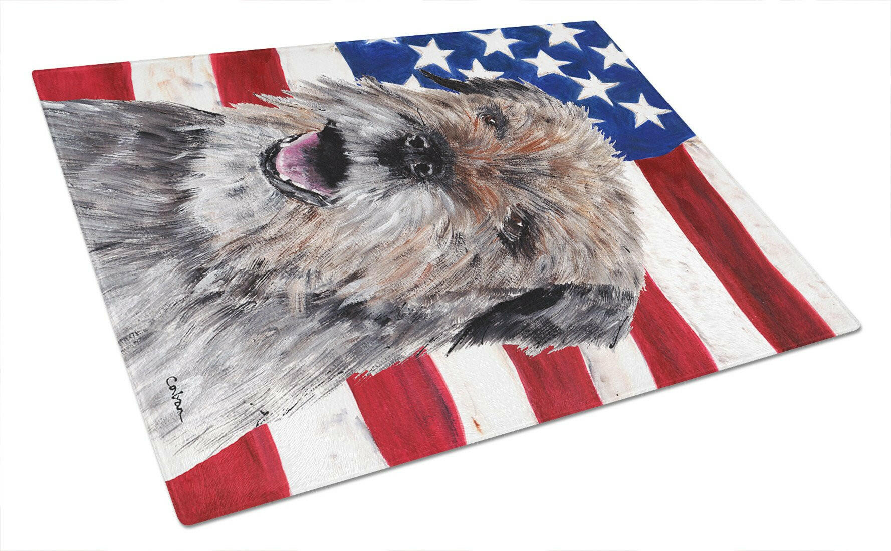 Border Terrier Mix USA American Flag Glass Cutting Board Large by Caroline's Treasures
