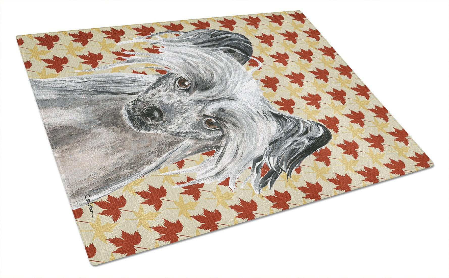 Chinese Crested Fall Leaves Glass Cutting Board Large by Caroline's Treasures