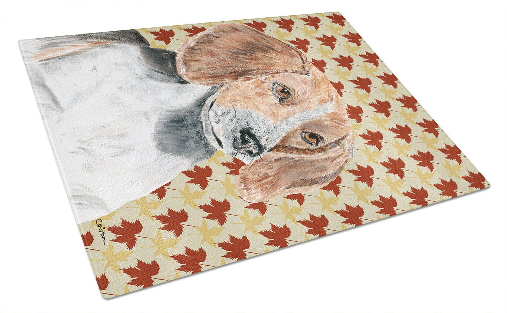 English Foxhound Fall Leaves Glass Cutting Board Large by Caroline's Treasures