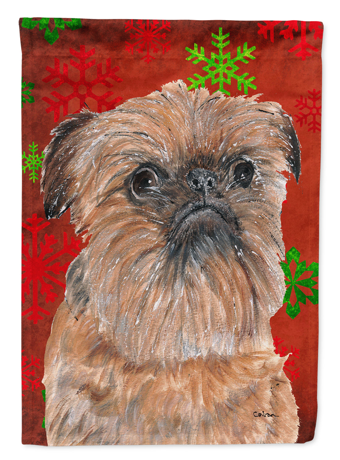 Brussels Griffon Red Snowflake Christmas Flag Garden Size.