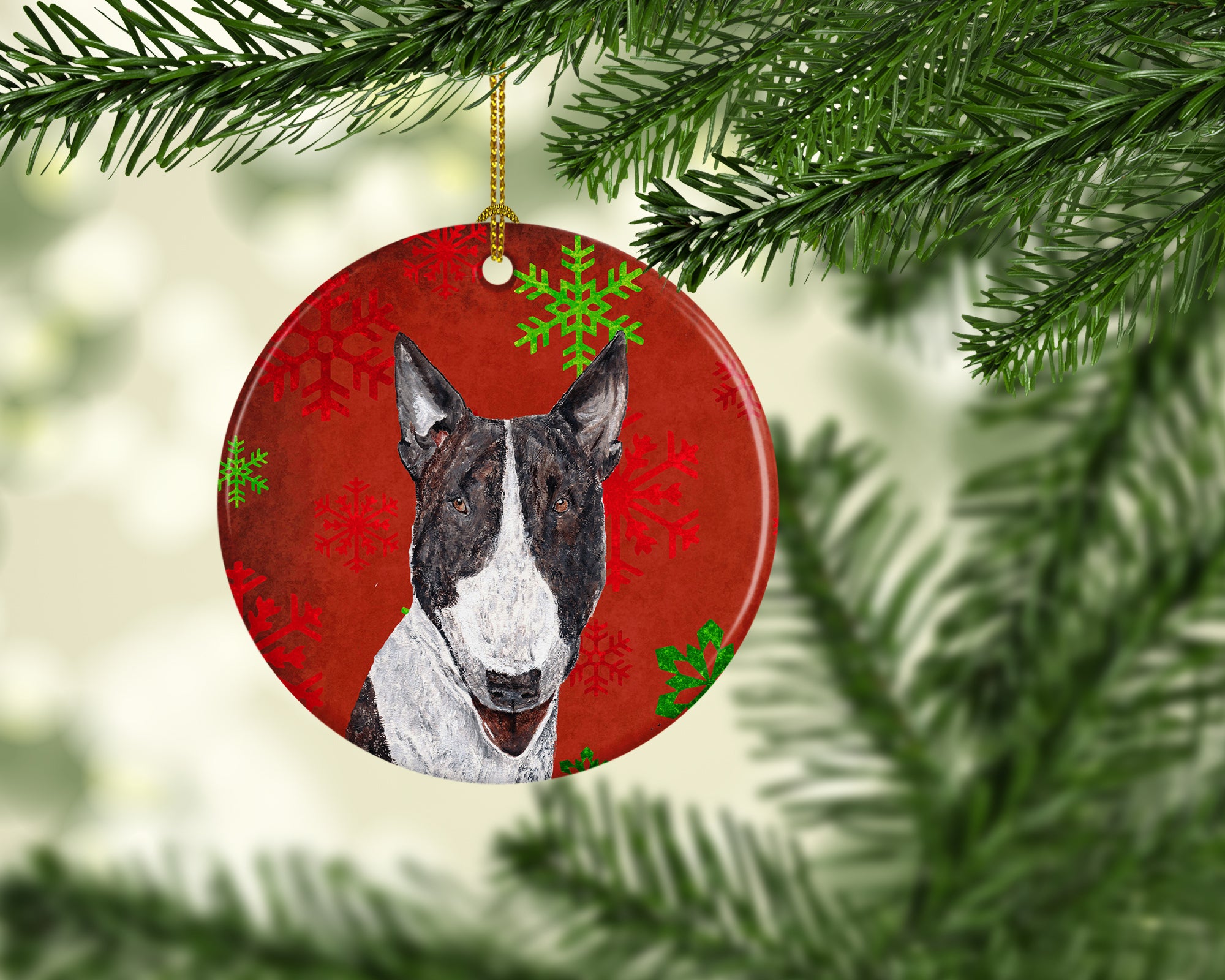 Bull Terrier Red Snowflakes Holiday Ceramic Ornament SC9589CO1 - the-store.com