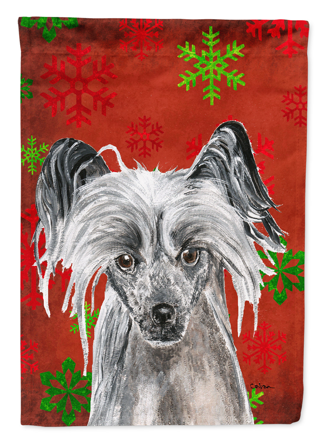 Chinese Crested Red Snowflake Christmas Flag Garden Size.