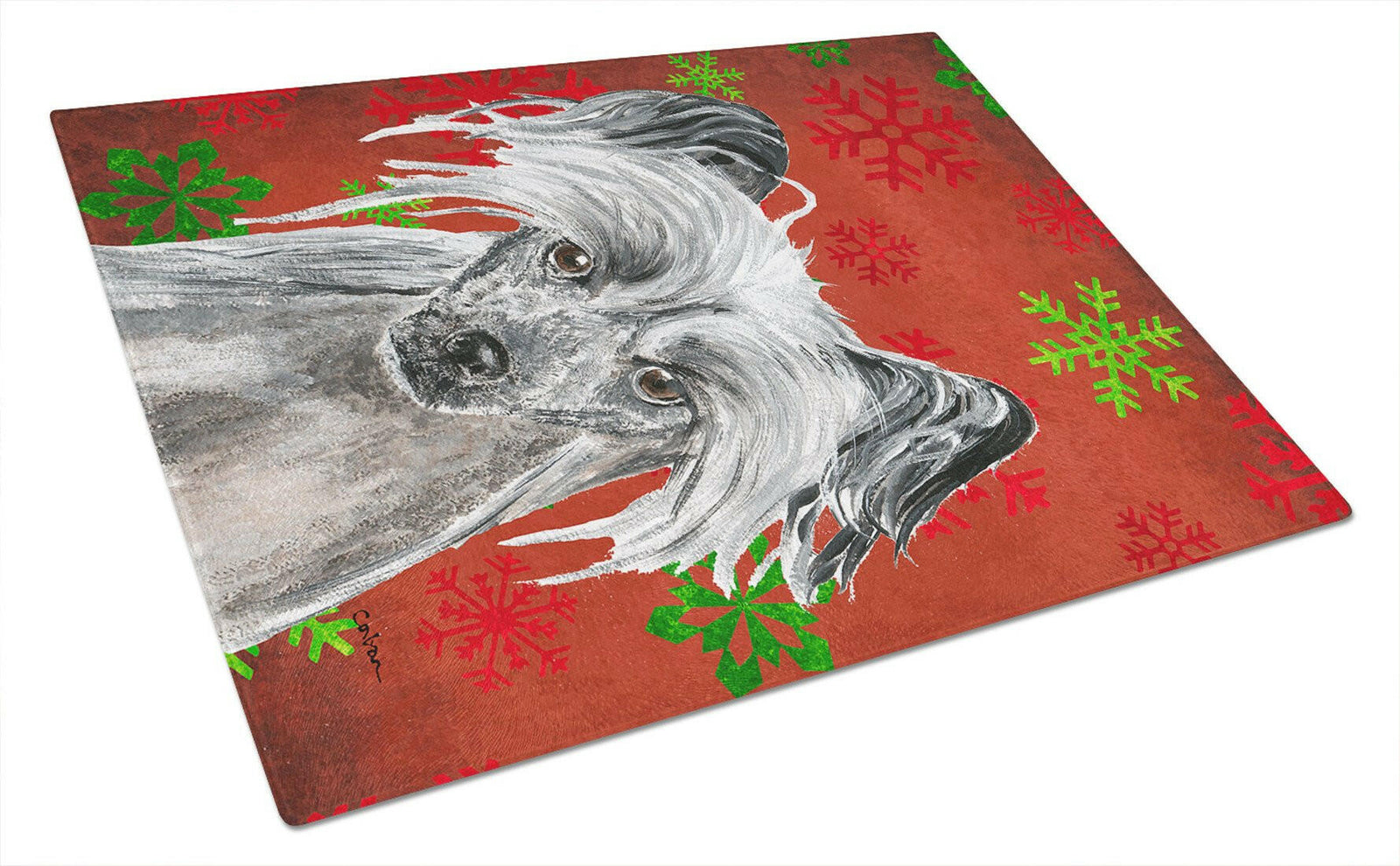 Chinese Crested Red Snowflake Christmas Glass Cutting Board Large by Caroline's Treasures