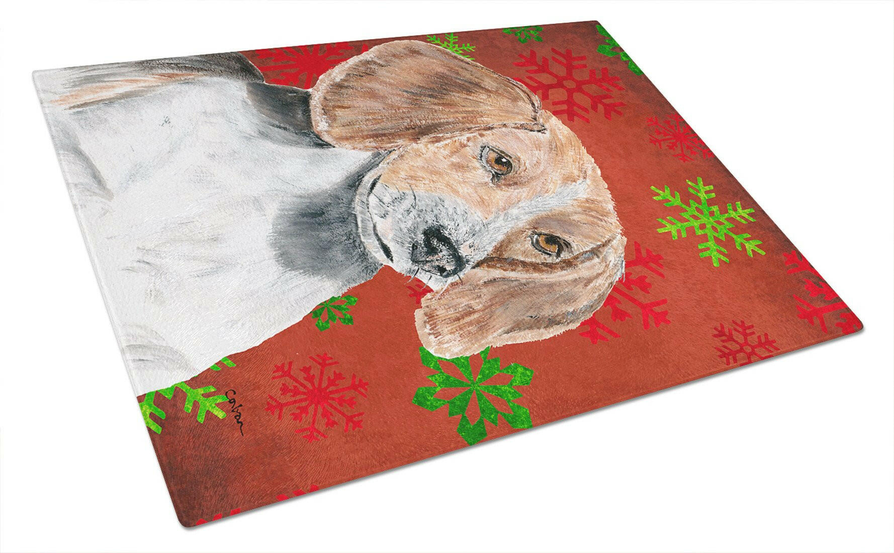 English Foxhound Red Snowflake Christmas Glass Cutting Board Large by Caroline's Treasures