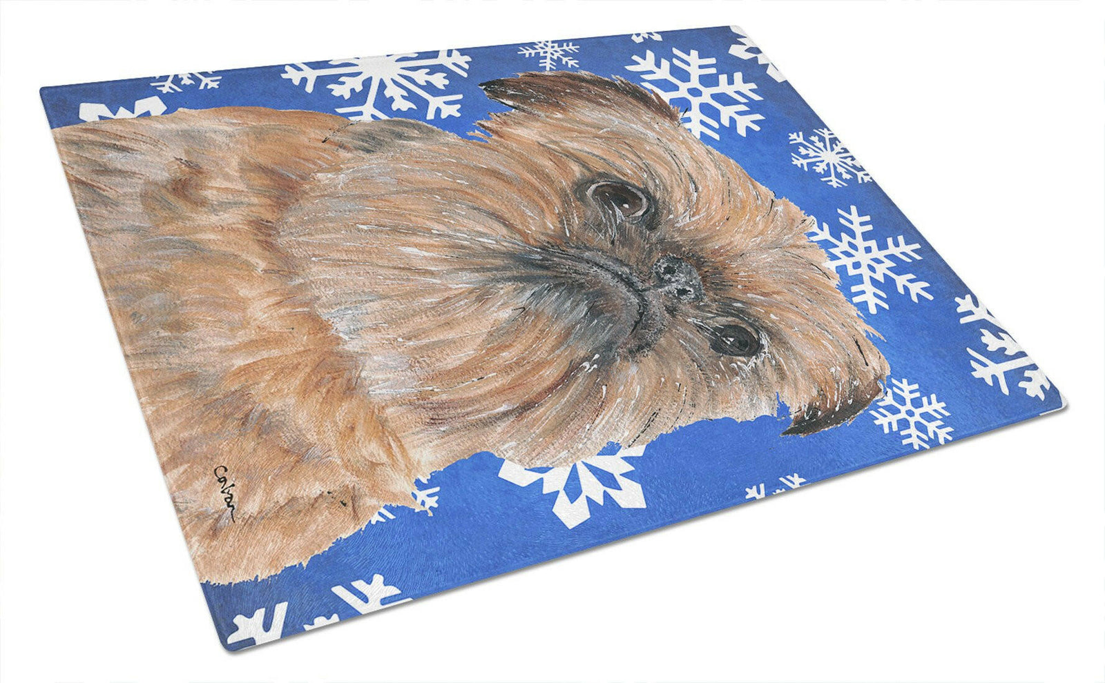 Brussels Griffon Blue Snowflake Winter Glass Cutting Board Large by Caroline's Treasures