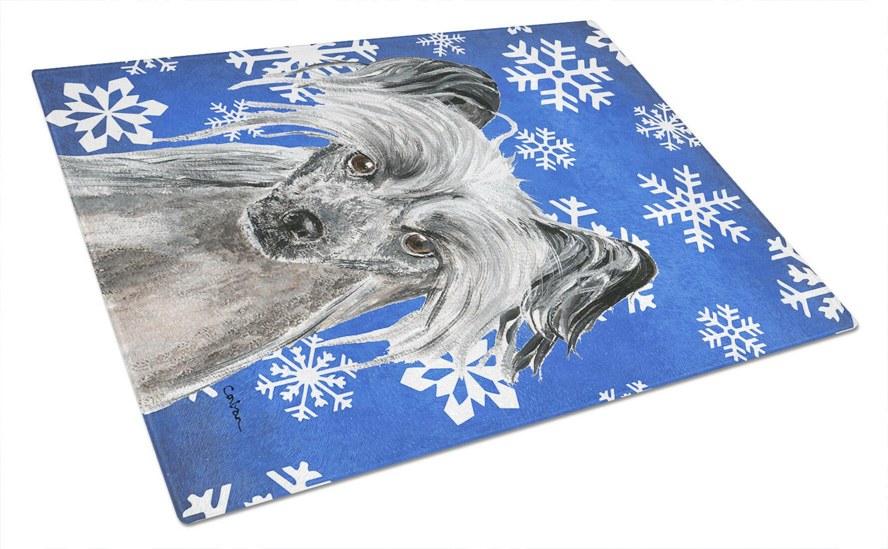 Chinese Crested Blue Snowflake Winter Glass Cutting Board Large by Caroline's Treasures