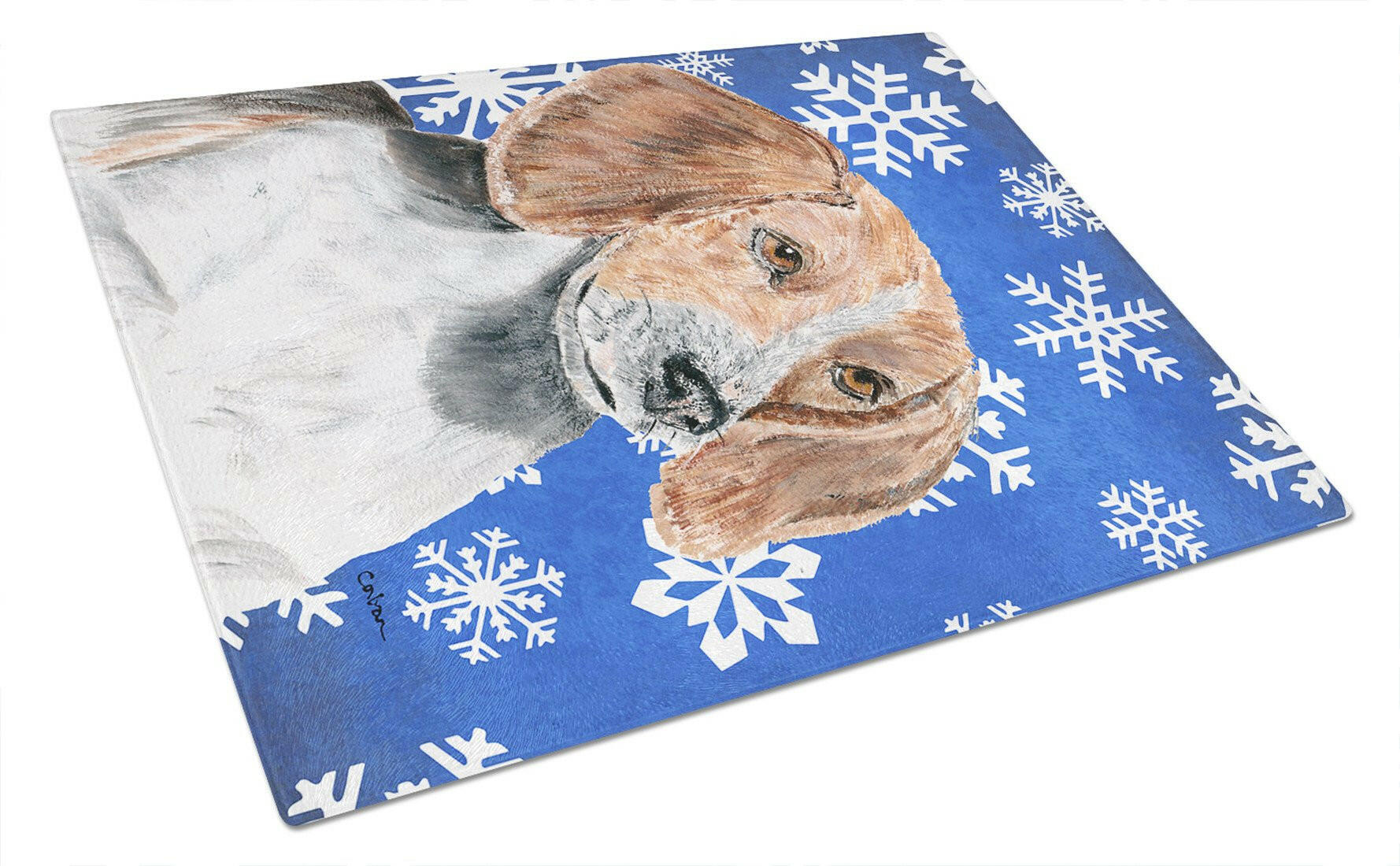 English Foxhound Blue Snowflake Winter Glass Cutting Board Large by Caroline's Treasures