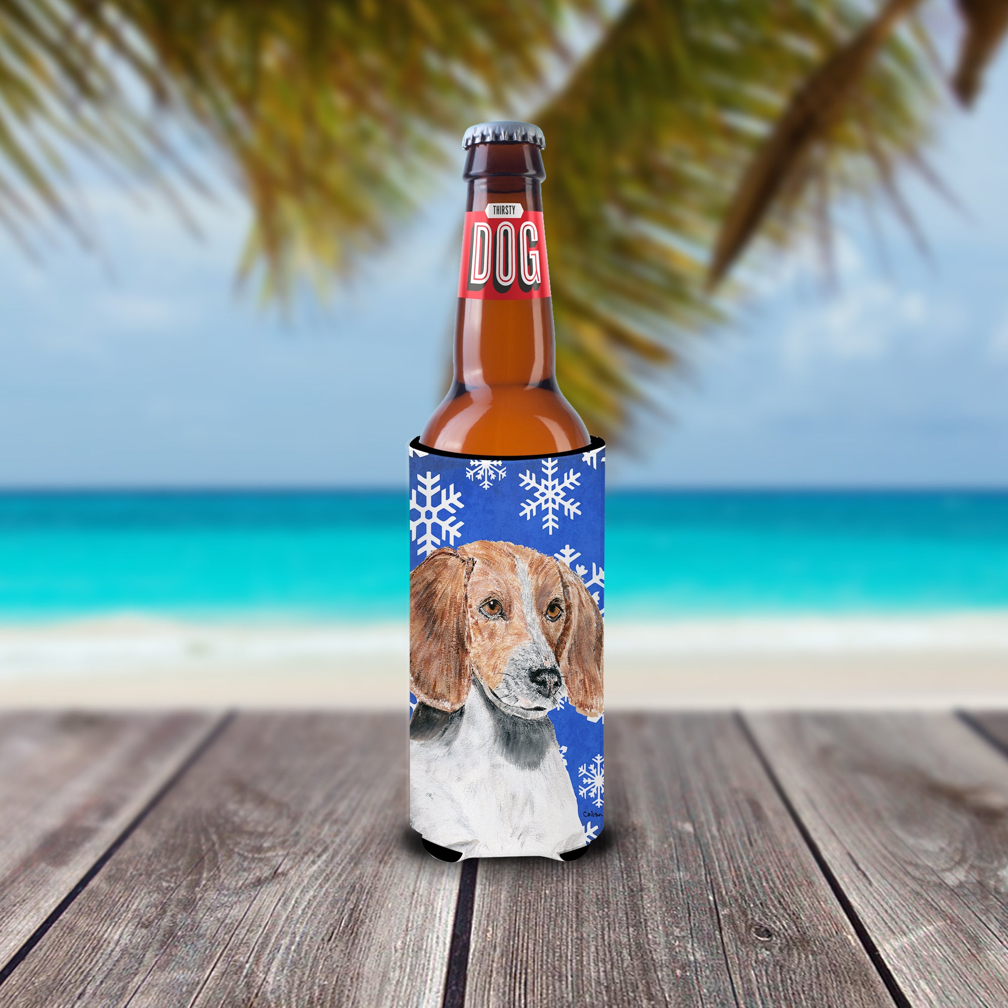 English Foxhound Blue Snowflake Winter Ultra Beverage Insulators for slim cans