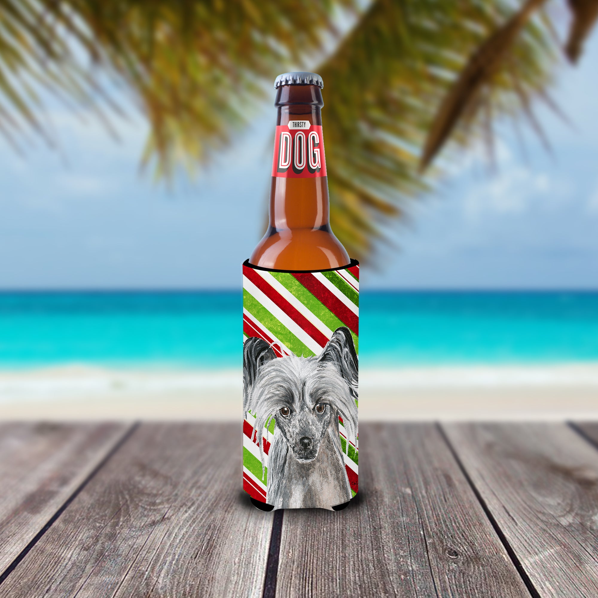 Chinese Crested Candy Cane Christmas Ultra Beverage Insulators for slim cans.