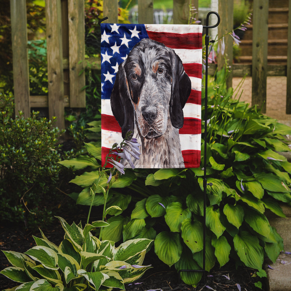 Blue Tick Coonhound with American Flag USA Flag Garden Size SC9625GF.