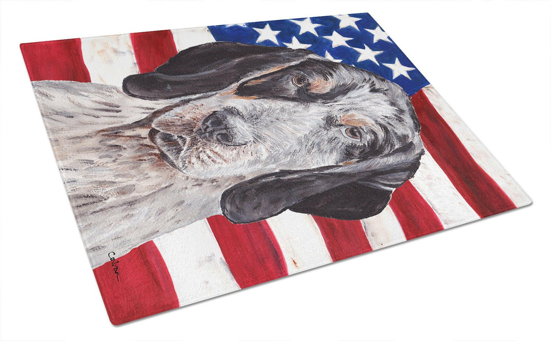 Blue Tick Coonhound with American Flag USA Glass Cutting Board Large Size SC9625LCB by Caroline's Treasures