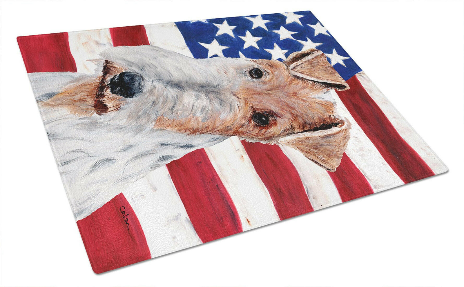 Wire Fox Terrier with American Flag USA Glass Cutting Board Large Size SC9628LCB by Caroline's Treasures