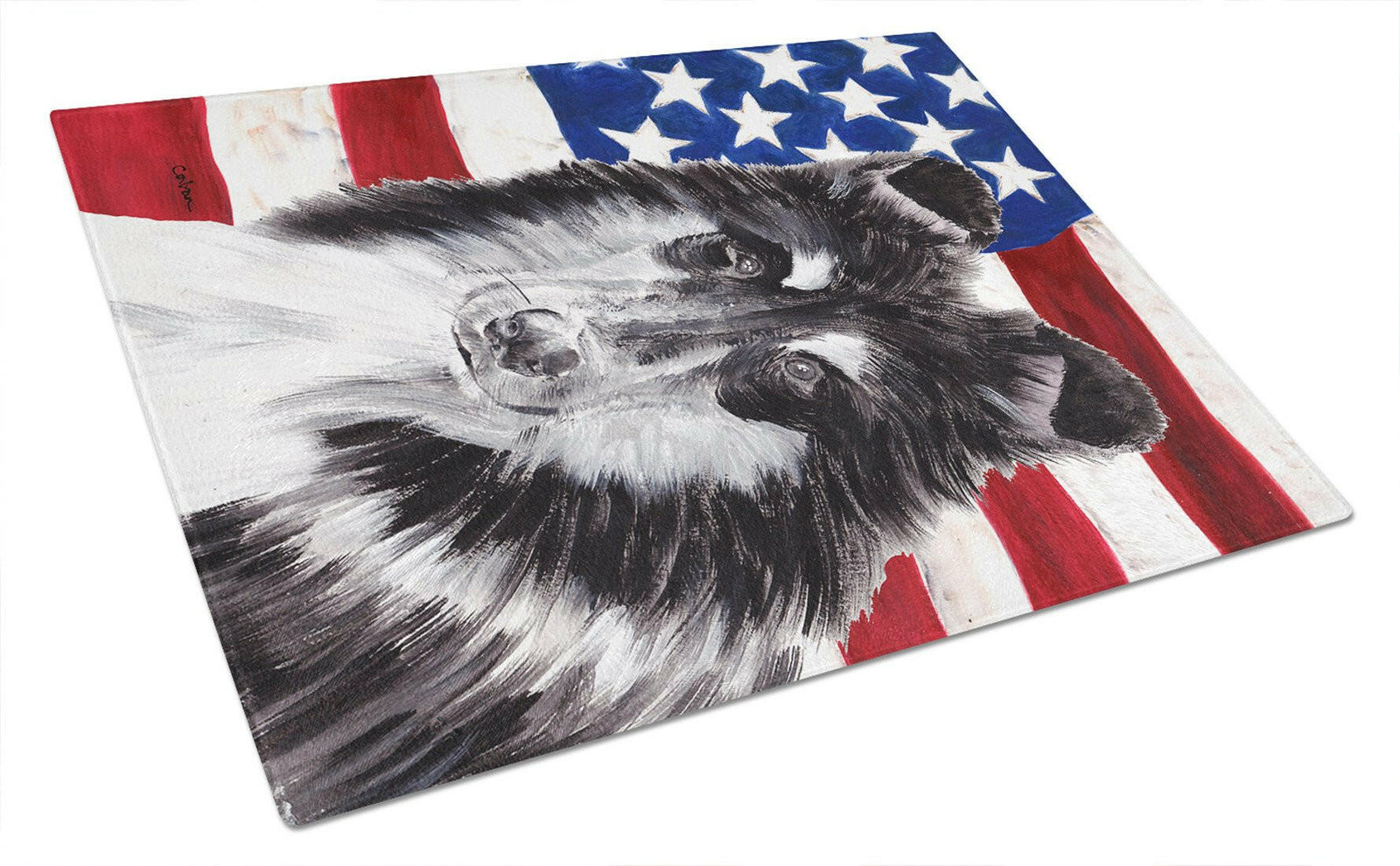 Black and White Collie with American Flag USA Glass Cutting Board Large Size SC9630LCB by Caroline's Treasures