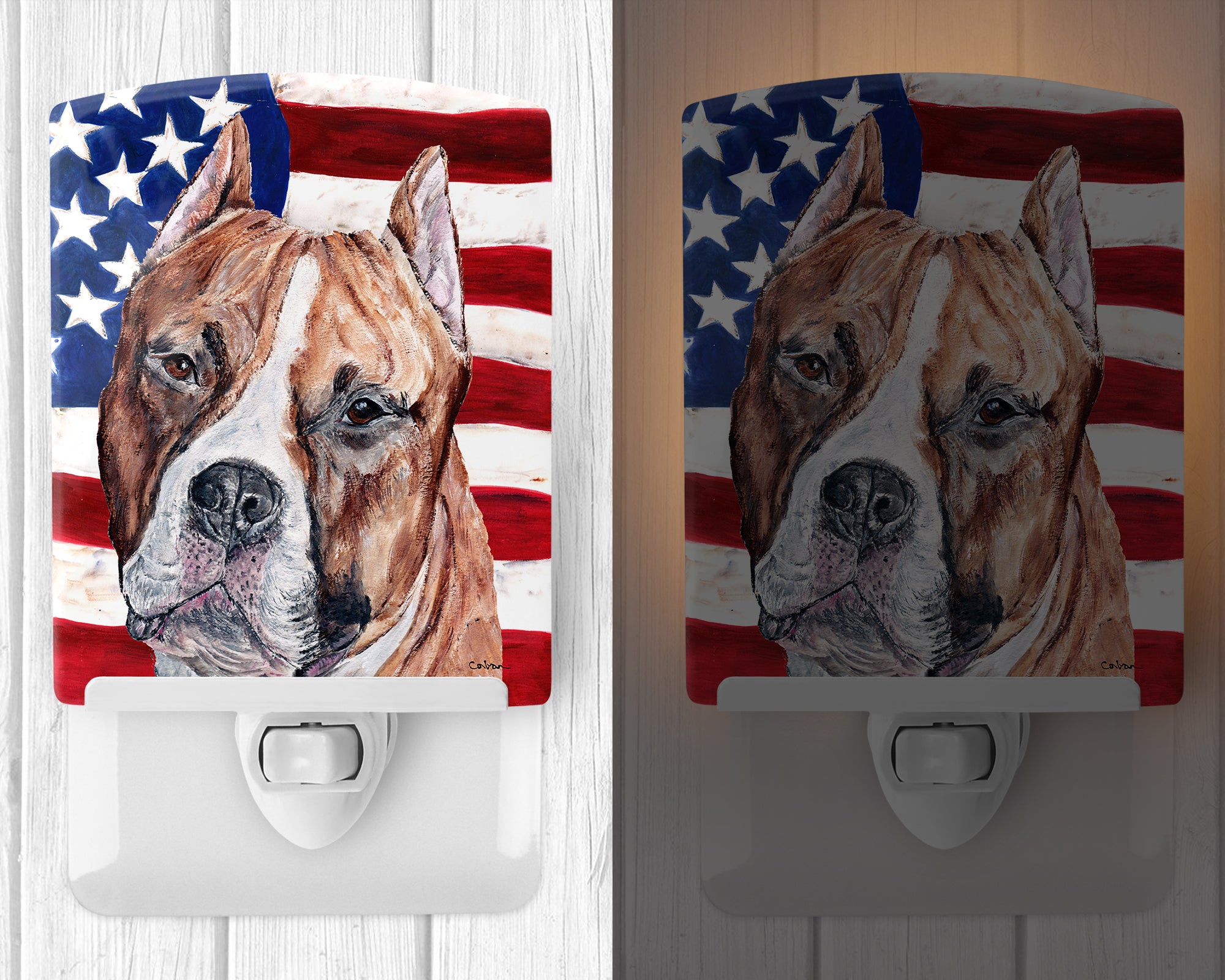 Staffordshire Bull Terrier Staffie with American Flag USA Ceramic Night Light SC9632CNL - the-store.com