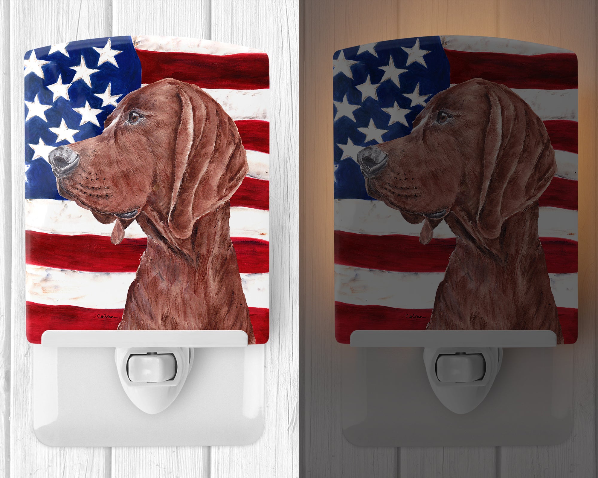 Redbone Coonhound with American Flag USA Ceramic Night Light SC9635CNL - the-store.com
