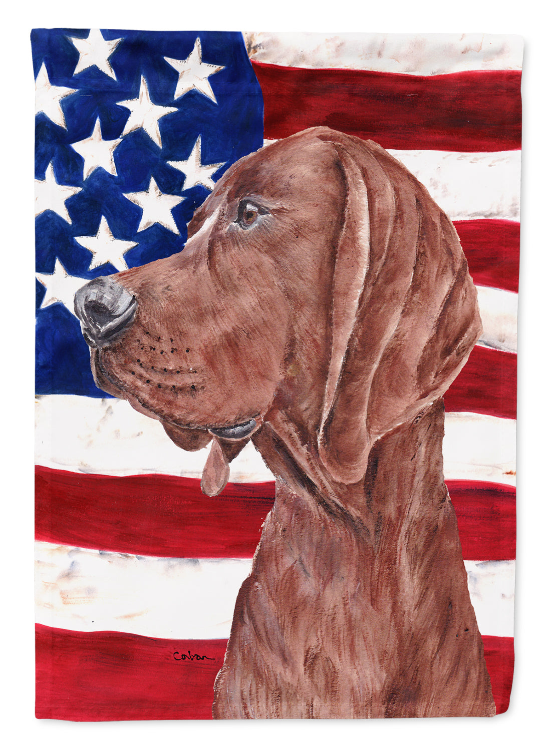 Redbone Coonhound with American Flag USA Flag Garden Size SC9635GF.