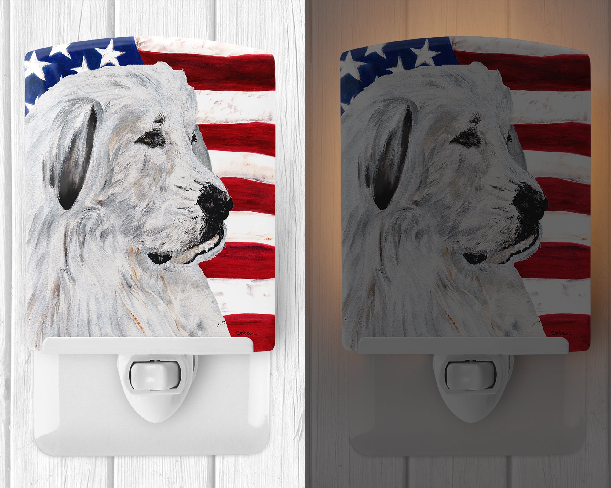Great Pyrenees with American Flag USA Ceramic Night Light SC9642CNL - the-store.com