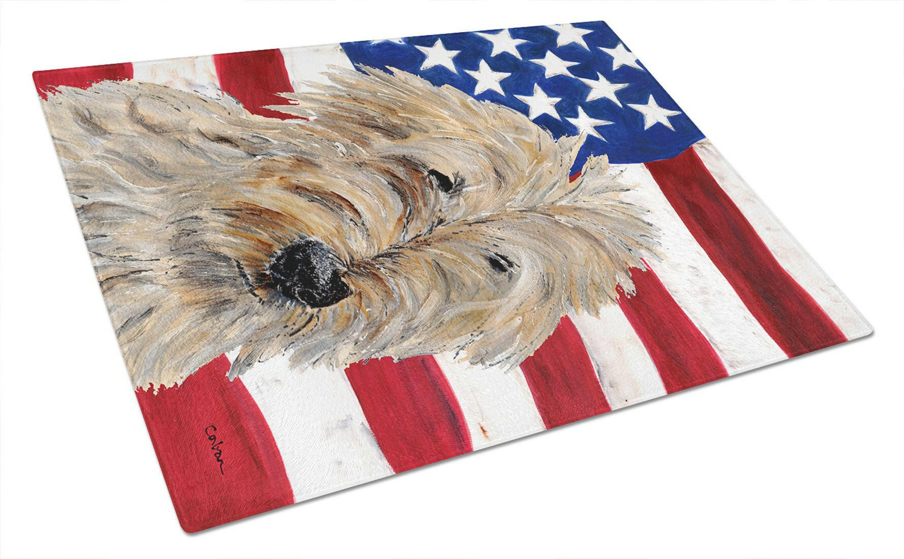 Golden Doodle 2 with American Flag USA Glass Cutting Board Large Size SC9643LCB by Caroline's Treasures