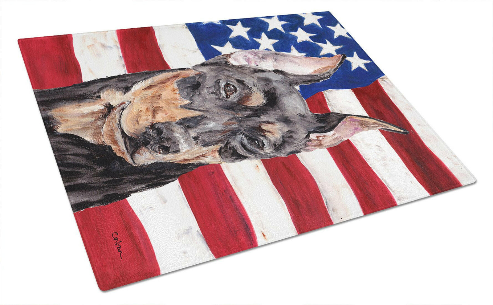 German Pinscher with American Flag USA Glass Cutting Board Large Size SC9644LCB by Caroline's Treasures