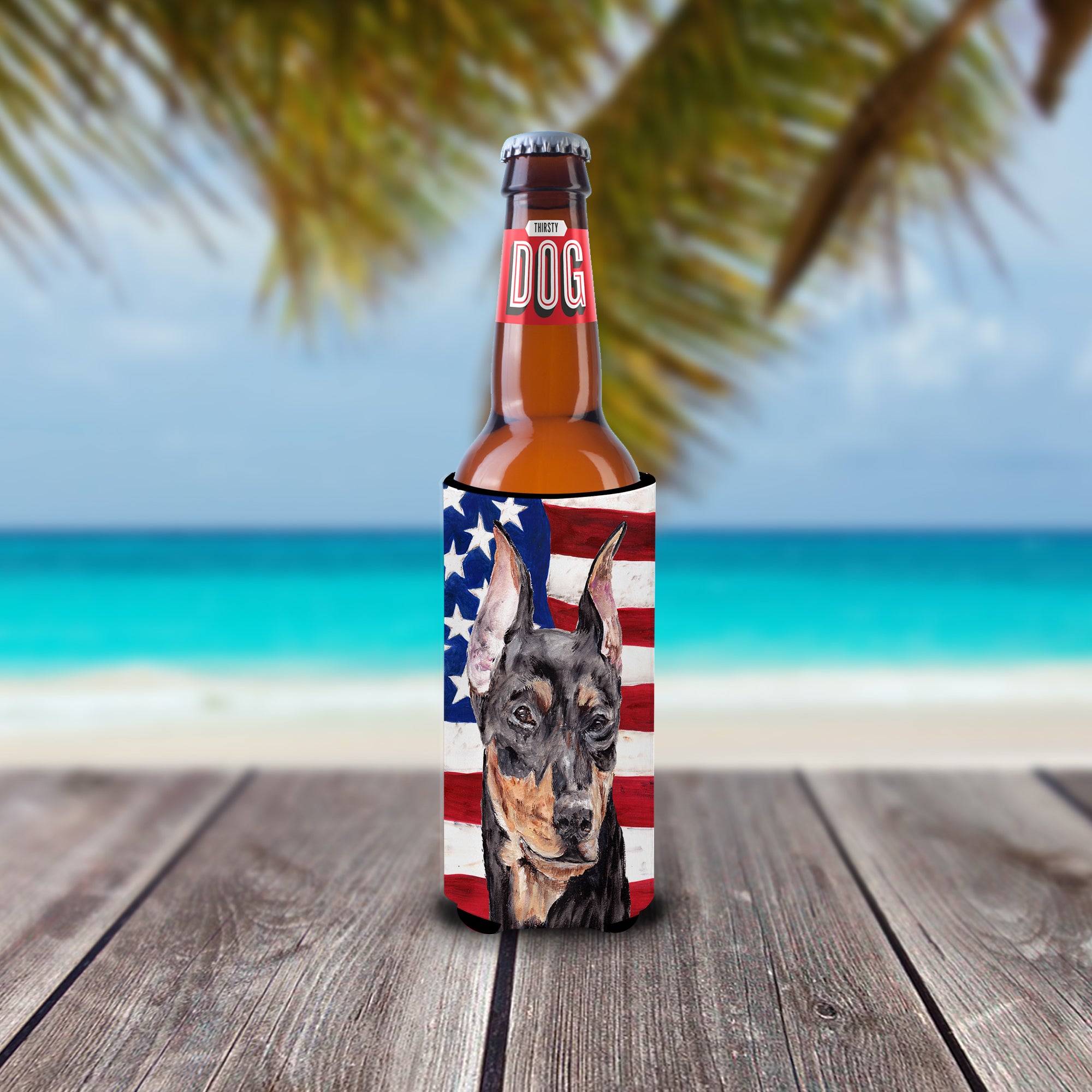 German Pinscher with American Flag USA Ultra Beverage Insulators for slim cans SC9644MUK.