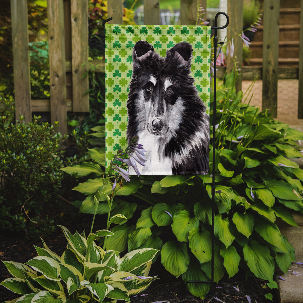 Black and White Collie Lucky Shamrock St. Patrick's Day Flag Garden Size