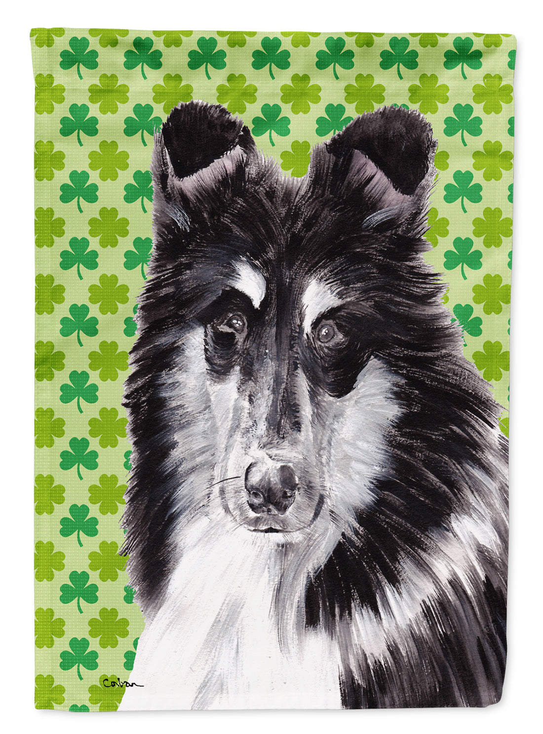Black and White Collie Lucky Shamrock St. Patrick's Day Flag Garden Size
