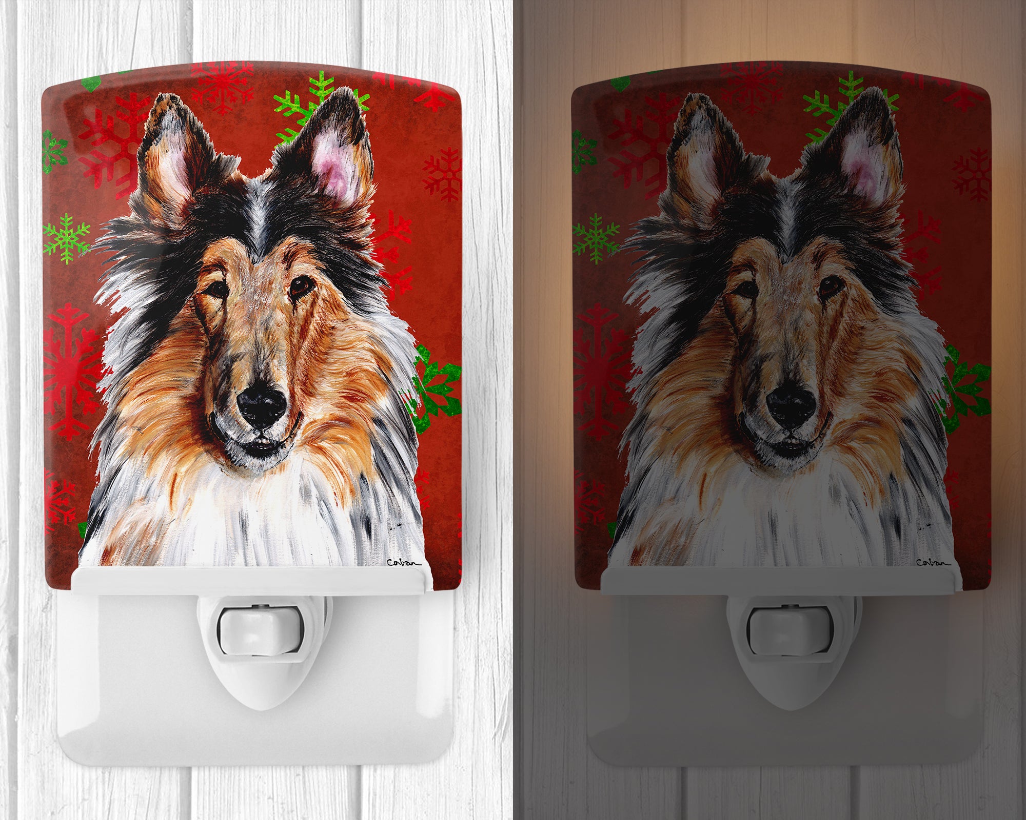 Collie Red Snowflakes Holiday Ceramic Night Light SC9742CNL - the-store.com