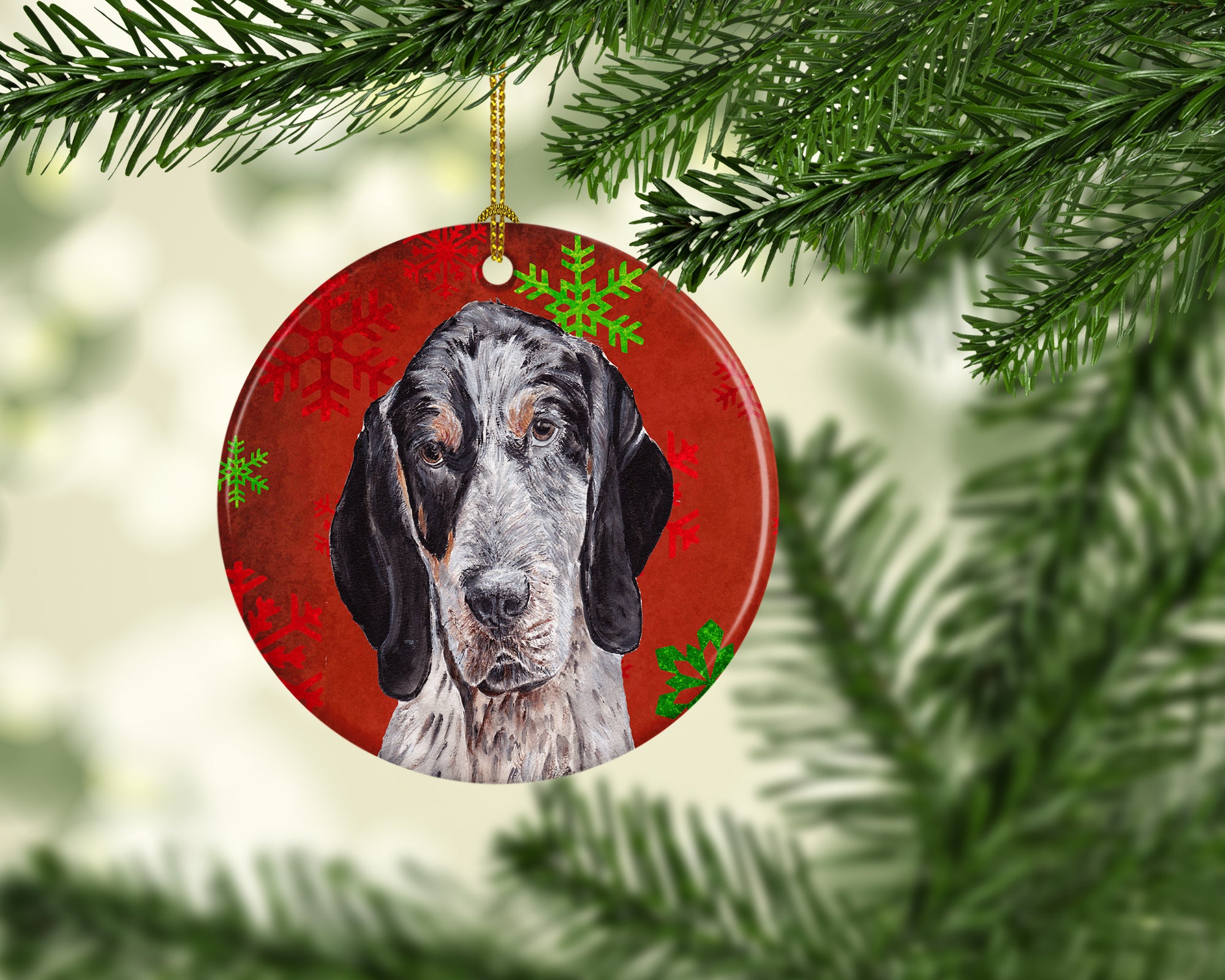 Blue Tick Coonhound Red Snowflakes Holiday Ceramic Ornament SC9745CO1 - the-store.com