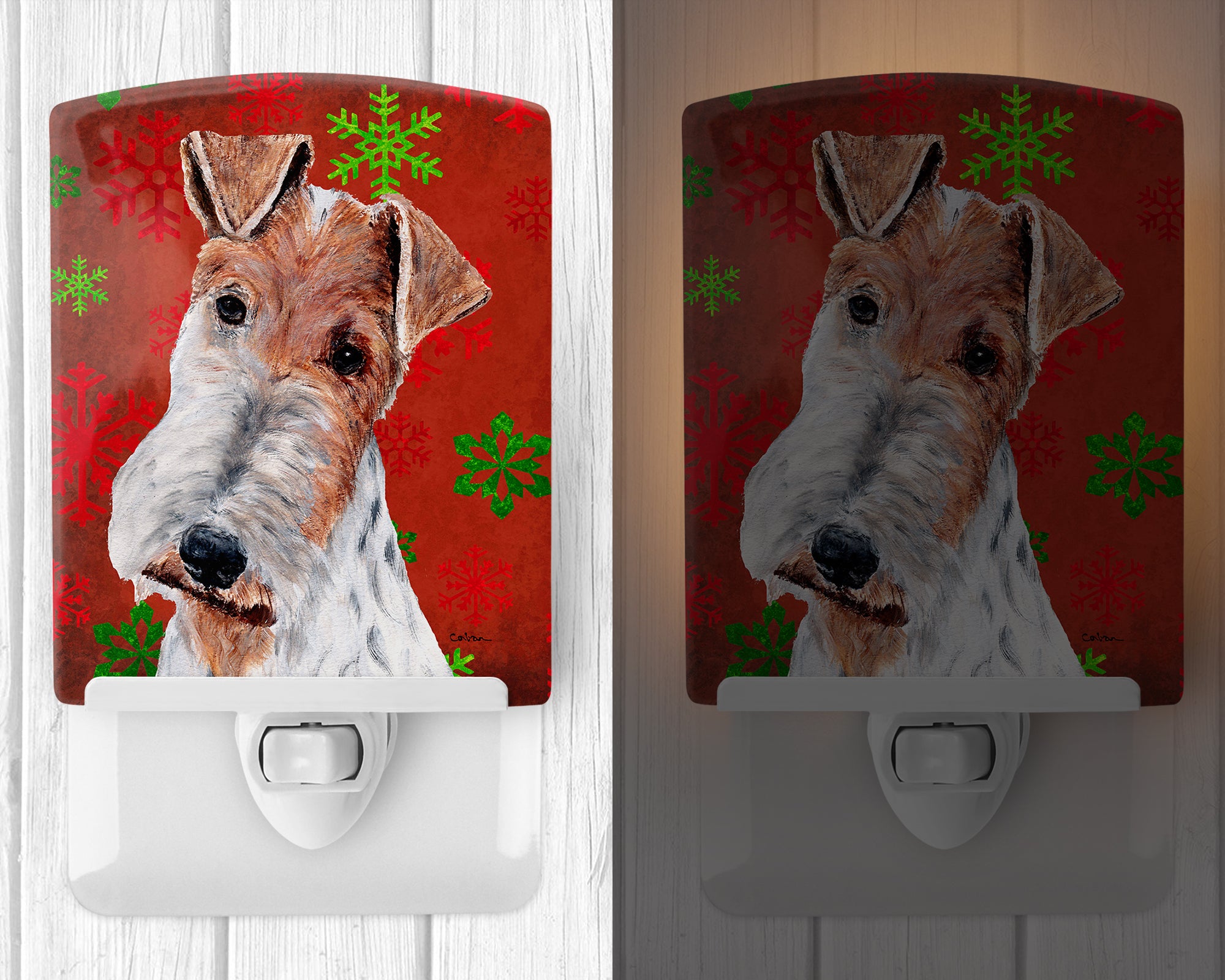 Wire Fox Terrier Red Snowflakes Holiday Ceramic Night Light SC9748CNL - the-store.com