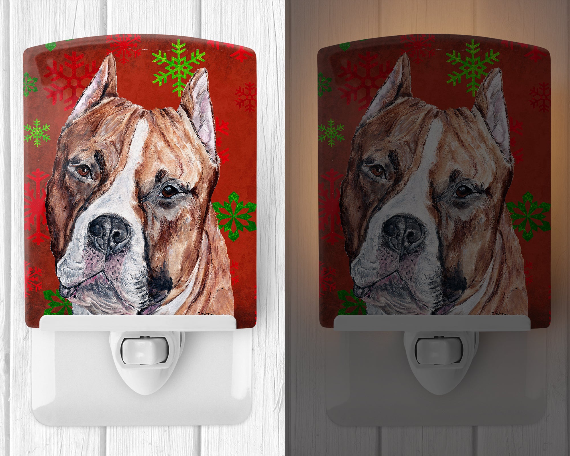 Staffordshire Bull Terrier Staffie Red Snowflakes Holiday Ceramic Night Light SC9752CNL - the-store.com