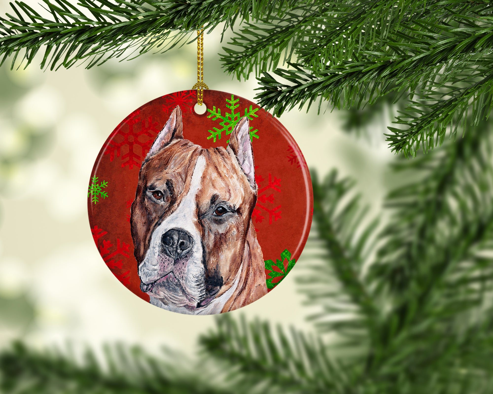 Staffordshire Bull Terrier Staffie Red Snowflakes Holiday Ceramic Ornament SC9752CO1 - the-store.com