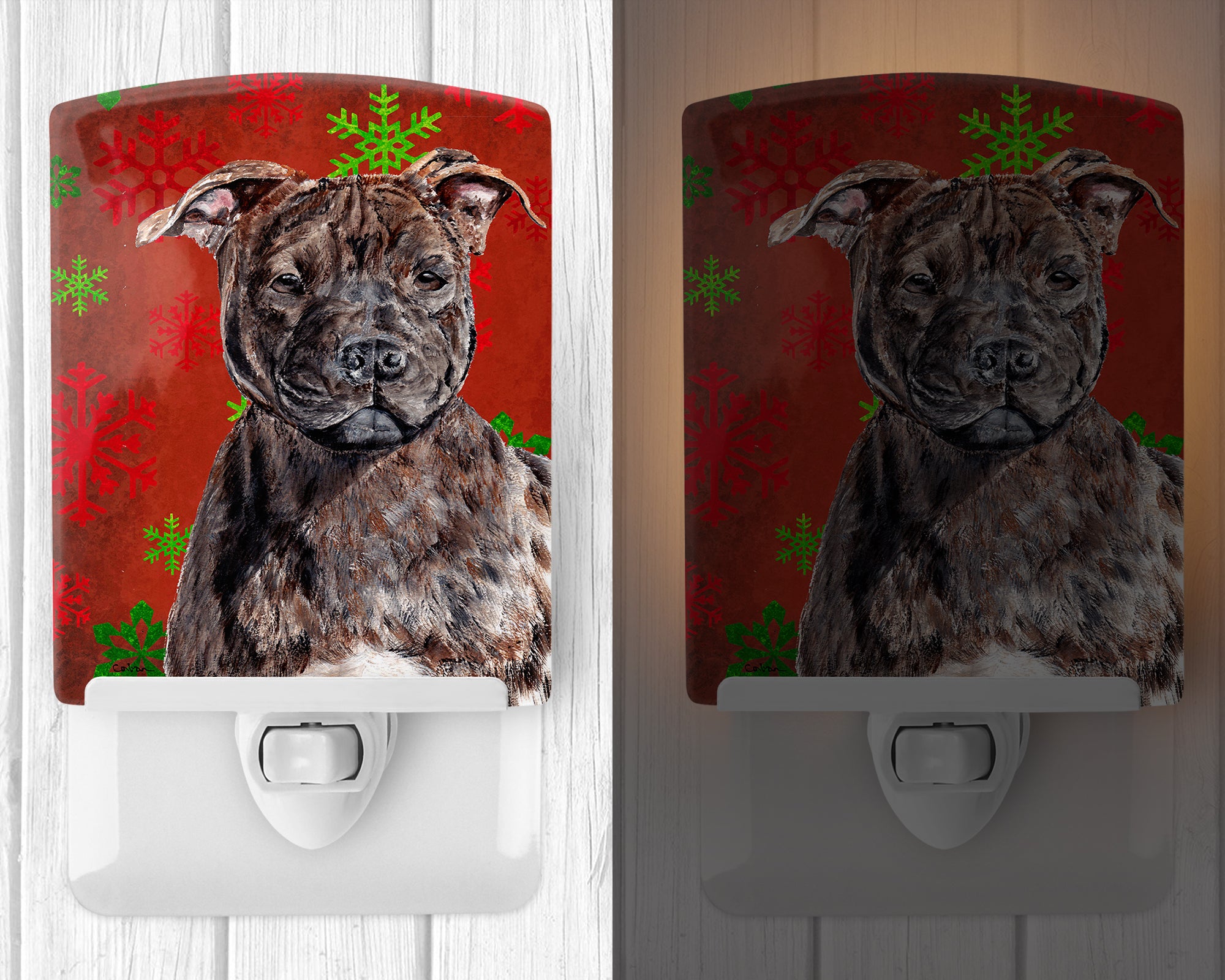 Staffordshire Bull Terrier Staffie Red Snowflakes Holiday Ceramic Night Light SC9753CNL - the-store.com