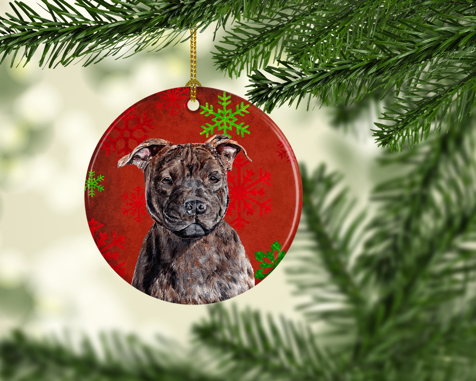 Staffordshire Bull Terrier Staffie Red Snowflakes Holiday Ceramic Ornament SC9753CO1 - the-store.com